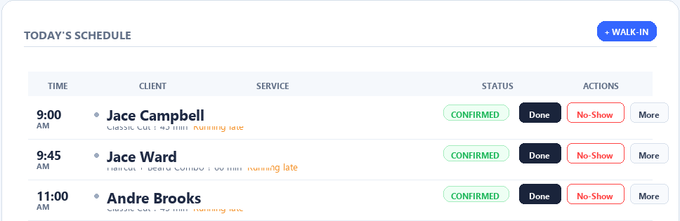 Bladezy core platform schedule showing today's appointments and booking-status controls