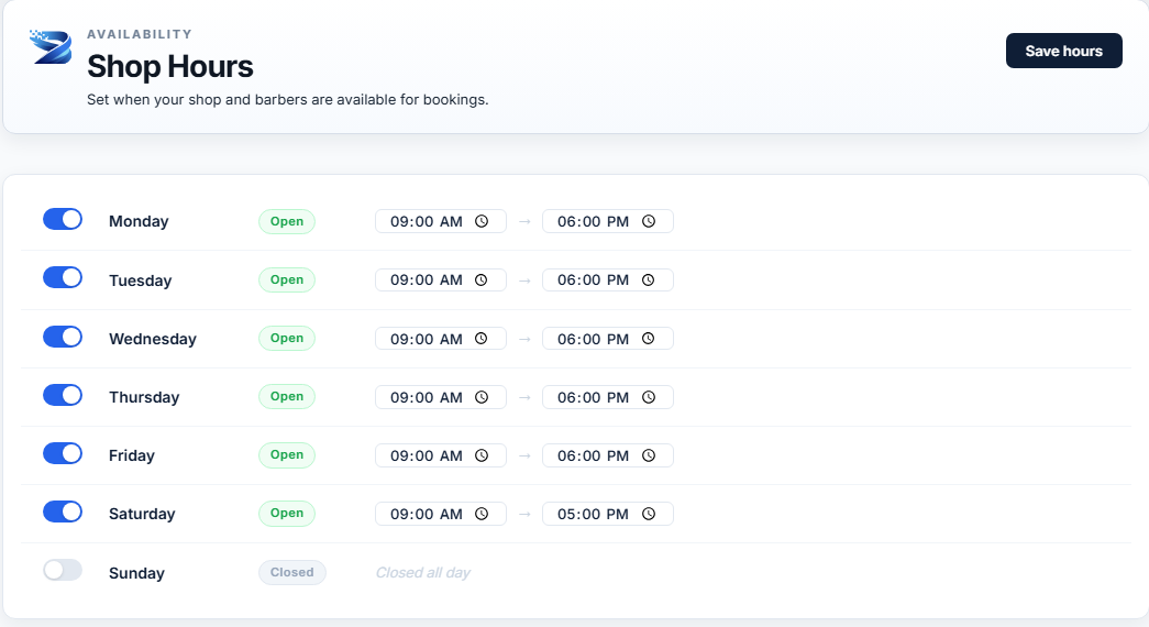 Bladezy shop-hours setup focused on the hours editor