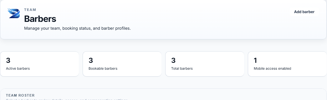 Bladezy barbers page showing team management and staffing overview inside the core platform