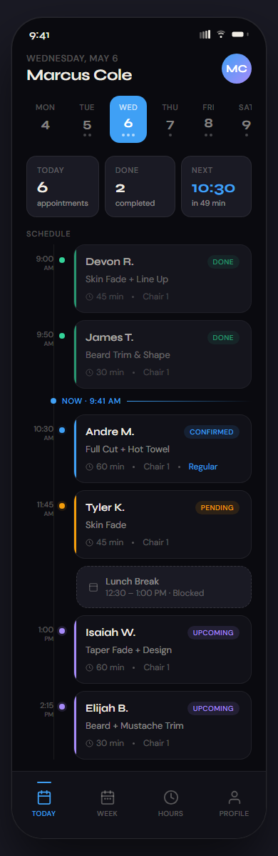 Bladezy mobile day view showing appointments, blocked time, and schedule visibility from a phone