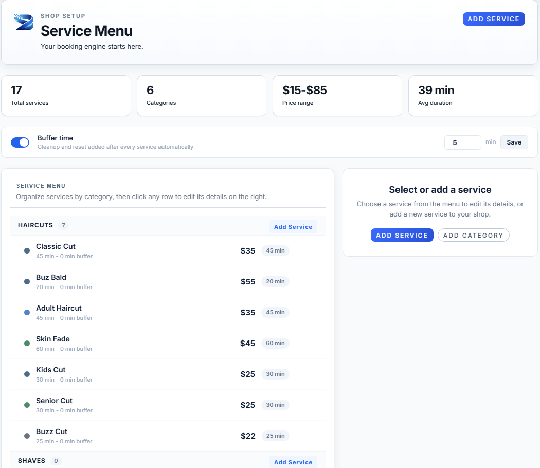 Bladezy services setup focused on the service menu and add-service controls